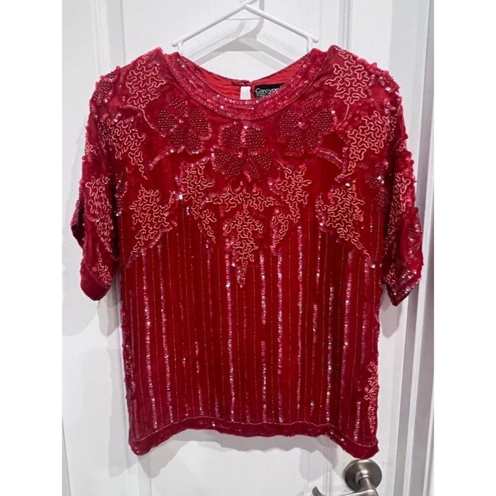 Vintage Carolyne Barton Petite Medium Pure Silk Red Beaded Sequin Evening Top